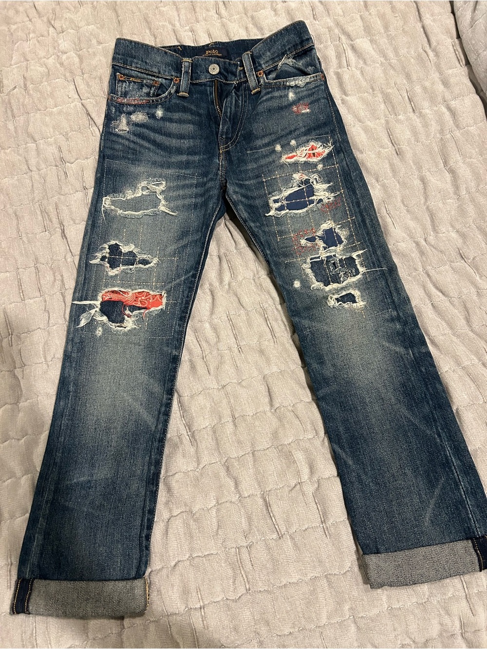 Distressed Dark Blue Kids's Jeans with Patch Detail